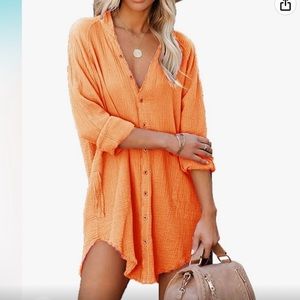 Flawless Tangerine Orange Gauze Pocket Shirt Mini Dress Swim Cover Up NWOT